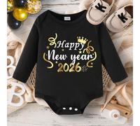 Tutina a maniche lunghe per neonato maschio con stampa corona e "Felice Anno Nuovo 2026", adatta per Capodanno e la stagione primaverile 6-9M,9-12M,12-18M,18-24M,1-3M,3-6MTessuto