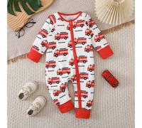 Tutina a maniche lunghe per neonato maschio, stile lasco e morbido, con tocco educativo, per la primavera e l'estate. Stampa a lettere di un camion dei pompieri rosso e bianco. Design con chiusura lam