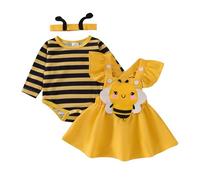 Tutina autunnale per neonata e bambina, con ape, volant, gonna, fiocco, fascia per capelli, set da 3 pezzi, 0-18 mesi, Giallo, 3-6 Months