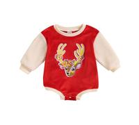 Tutina Bebe Noel Manica Lunga Stampato Lettere Cartoon Renna Ricamo Girocollo Colorblock Peluche Tuta Body Pigiama Abbigliamento Neonato Caldo Vestito Regalo