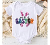 Tutina bianca da neonata con stampa di coniglio e scritta "My First Easter", design minimalista e carino, adatta per /estate, outfit per Pasqua 6-9M,9-12M,12-18M,18-24M,1-3M,3-6MAnimale,LetterePoliest
