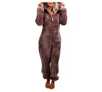 Tutina da donna elegante tutina invernale loungewear morbida tuta intera Onesie tuta morbida in pile Teddy Jumpsuit Pigiama morbido pagliaccetto con cerniera calda, marrone, XL