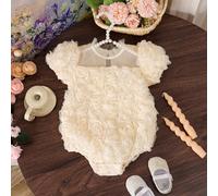 Tutina dolce e carina per bambine per l'estate, collo rotondo, maniche a palloncino con design a rose 3D, adatta per uso quotidiano, feste di compleanno, vestito da neonata, cerimonia del primo mese,