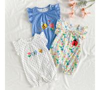 Tutina estiva da bambina, 3 pezzi, con grazioso motivo a insetti, maniche a cappuccio e orlo, abbigliamento casual per attività all'aperto 6-9M,9-12M,12-18M,0-1M,1-3M,3-6MFloreale,Geometrico,PiantePol