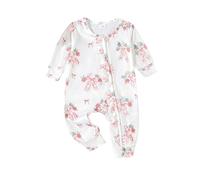 Tutina floreale per neonate a maniche lunghe con cerniera pigiama neonato primo compleanno vestito autunno inverno tuta in cotone carino caldo body girocollo pagliaccetto senza piedi, rosa, 6-12
