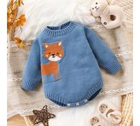 Tutina in maglia per neonati maschi, blu, versatile per uso quotidiano, design jacquard a volpe cartoni animati, carina e comoda per uso giornaliero, interno, esterno, viaggi 6-9M,9-12M,12-18M,1-3M,3-