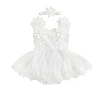 Tutina in Pizzo e Rete con Stampa Floreale per Neonate e gattoni Completo di Accessorio Fascia (White, 3-6 Months)