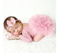 Tutina in pizzo rosa chiaro per neonati con fiocco e fascia per capelli con perle, set fotografico per bambina, tema sirena, per servizio fotografico di compleanno estate 2016 0-1M,1-3MColore unicoPol