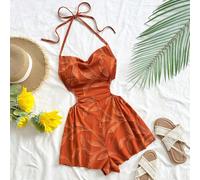 Tutina larga da donna per vacanza, con taglio sulla vita, scollo ad aletta e lacci, stile bohémien, floreale romantico, adatto per le vacanze L,M,S,XL,XSColore unicoTessuto intrecciato