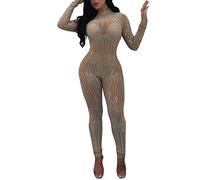 Tutina lunga con brillantini, da donna, sexy, per feste, da club, da donna, per yoga, in tulle, per feste, per palcoscenici, costume intero a maniche lunghe, in rete, cachi, M