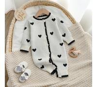 Tutina morbida in maglia per neonata, tuta con collo rotondo, maniche lunghe, motivo a cuori a contrasto, polsini e colletto con volant, comoda per l'autunno/inverno, adatta per uso interno ed esterno