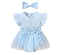 Tutina neonata con Maniche a Palloncino e Gonna in Rete Ricamata a Fiori per Occasioni Speciali (a-Blue, 12-18 Months)