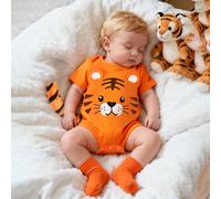 Tutina neonato con tema tigre carina, con design a 3D di coda e orecchie, a maniche corte 6-9M,0-1M,1-3M,3-6MAnimalePoliestere