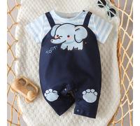 Tutina per neonato con stampa di elefanti carini e strisce, con bretelle, outfit comodo per uso quotidiano, feste di compleanno, servizi fotografici, attività estive e tempo libero, abbigliamento casu