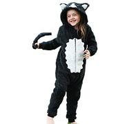 Tutina per ragazzi o ragazze in pile super morbido nero bianco gatto gattino con coda - Costume da animale AllinOnes per bambini dai 2 ai 13 anni, Gatto nero Wht, 2-3 Anni
