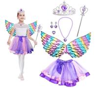 Tutu Bambina,Costume Principessa Set,8 Pezzi Costume Bambini Ragazza,con Principessa Corona Ali Magica Bacchetta Tulle Gonna Anelli Orecchini,Regalo per Ragazze 3-9 Anni Carnevale/Halloween