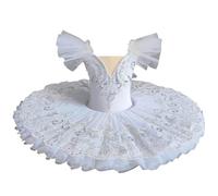 tutù da Balletto Professionale per Bambine, Bianco con Maniche A Volant Piatto da Cigno tutù da Pancake Costume da Ballerina per Bambine Abito da Festa,Bianca,160