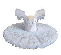tutù da Danza Classica per Bambine, Modello Il Lago dei cigni, con Cinturino in Pizzo e Ricamo Canotta, Body da Ginnastica Costume Competizione di Danza Classica,Bianca,140