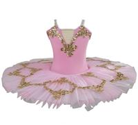 tutù da Danza Classica per Bambine, Modello Il Lago dei cigni, con Cinturino in Pizzo e Ricamo Canotta, Body da Ginnastica Costume Competizione di Danza Classica,Pink 1,150