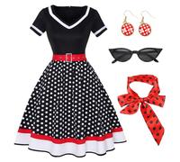 Tutukyle 50's Vintage Rockabilly Dresses Ladies Short Sleeve V-Neck Polka DOT Swing Cocktail Dress with Glasses Polka DOT Headband Earrings Party Dress A-Line Prom Dress Retro Carnival Party