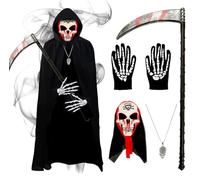 Tutukyle Costume da Mietitore per Bambino,Costume da Grim Reaper Bambino, Morte Costumes di Halloween Include mantello con cappuccio, falce, guanti scheletrici, maschera, collana scheletrica