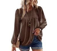 TUUHAW Abbigliamento Donna Autunno Pizzo Elegante Bluse con Pizzo Boho Camicia Maniche Lunghe Maglietta Casual Lunga Camicie con Scollo Rotondo Colore Puro Tops Tunica Marrone XS