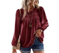 TUUHAW Abbigliamento Donna Autunno Pizzo Elegante Bluse con Pizzo Boho Camicia Maniche Lunghe Maglietta Casual Lunga Camicie con Scollo Rotondo Colore Puro Tops Tunica Vino Rosso XL