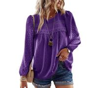 TUUHAW Abbigliamento Donna Autunno Pizzo Elegante Bluse con Pizzo Boho Camicia Maniche Lunghe Maglietta Casual Lunga Camicie con Scollo Rotondo Colore Puro Tops Tunica Viola Scuro XL
