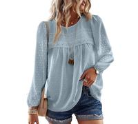 TUUHAW Abbigliamento Donna Autunno Pizzo Elegante Bluse con Pizzo Boho Camicia Maniche Lunghe Maglietta Casual Lunga Camicie con Scollo Rotondo Colore Puro Tops Tunica Grigio Verde XL
