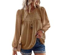 TUUHAW Abbigliamento Donna Autunno Pizzo Elegante Bluse con Pizzo Boho Camicia Maniche Lunghe Maglietta Casual Lunga Camicie con Scollo Rotondo Colore Puro Tops Tunica Mocha XL