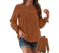 TUUHAW Abito Donna Autunno Taglie Forti Boho Top Manica Lunga Casual Camicetta Volant Elegante T-Shirt Collo Rotondo Vestibilità Ampia Bluse Vintage Base Maglie Moda Pizzo Ricamato Blusa Arancione 3XL