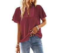 TUUHAW Abito Donna Estivo Taglie Forti Boho Top Manica Corta Casual Camicetta Volant Elegante T-Shirt Scollo a V vestibilità Ampia Bluse Vintage Base Moda Maglie Pizzo Ricamato Blusa Vino Rosso 3XL