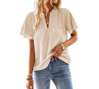 TUUHAW Abito Donna Estivo Taglie Forti Boho Top Manica Corta Casual Camicetta Volant Elegante T-Shirt Scollo a V vestibilità Ampia Bluse Vintage Base Moda Maglie Pizzo Ricamato Blusa Albicocca 4XL