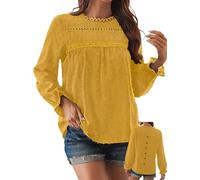 TUUHAW Abito Donna Primavera Taglie Forti Boho Top Manica Lunga Casual Camicetta Volant Elegante T-Shirt Collo Rotondo vestibilità Ampia Bluse Vintage Base Maglie Pizzo Ricamato Blusa Giallo XXL