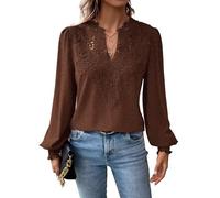 TUUHAW Abito Donna Primavera Taglie Forti Boho Top Manica Lunga Casual Camicetta Volant Elegante T-Shirt Scollo a V vestibilità Ampia Vintage Bluse Base Maglie Moda Pizzo Ricamato Blusa Marrone 3XL