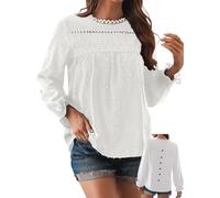 TUUHAW Abito Donna Primavera Taglie Forti Boho Top Manica Lunga Casual Camicetta Volant Elegante T-Shirt Collo Rotondo vestibilità Ampia Bluse Vintage Base Maglie Moda Pizzo Ricamato Blusa Bianco 5XL