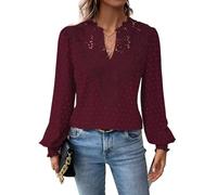 TUUHAW Abito Donna Primavera Taglie Forti Boho Top Manica Lunga Casual Camicetta Volant Elegante T-Shirt Scollo a V vestibilità Ampia Vintage Bluse Base Maglie Pizzo Ricamato Blusa Rosso Granato XXL