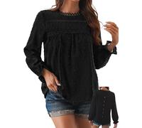 TUUHAW Abito Donna Primavera Taglie Forti Boho Top Manica Lunga Casual Camicetta Volant Elegante T-Shirt Collo Rotondo vestibilità Ampia Bluse Vintage Base Maglie Moda Pizzo Ricamato Blusa Nero XXL