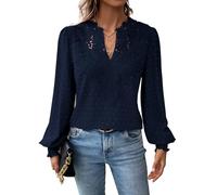 TUUHAW Abito Donna Primavera Taglie Forti Boho Top Manica Lunga Casual Camicetta Volant Elegante T-Shirt Scollo a V vestibilità Ampia Vintage Bluse Base Maglie Moda Pizzo Ricamato Blusa Blu Scuro XXL