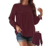 TUUHAW Abito Donna Primavera Taglie Forti Boho Top Manica Lunga Casual Camicetta Volant Elegante T-Shirt Collo Rotondo vestibilità Ampia Bluse Vintage Base Maglie Pizzo Ricamato Blusa Vino Rosso XXL