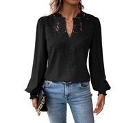 TUUHAW Camicia Donna Autunno Scollo a V Casual T-Shirt con Volant Manica Lunga Boho Top Allentate Maglietta Elegante Pizzo Blusa Vintage Camicetta Tinta Unita Classico Abbigliamento Nero L
