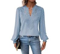 TUUHAW Camicia Donna Autunno Scollo a V Casual T-Shirt con Volant Manica Lunga Boho Top Allentate Maglietta Elegante Blusa Vintage Pizzo Camicetta Tinta Unita Classico Abbigliamento Blu Chiaro L