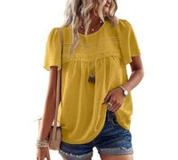 TUUHAW Camicia Donna Girocollo Casual T-Shirt Manica Corta Pizzo Oversize Maglie Estiva Boho Maglietta Elegante Taglie Forti Blusa Shirt Giallo 3XL
