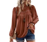 TUUHAW Camicia Donna Manica Lunga Autunno Boho Maniche Lunghe Top con Scollo Rotondo Punto Svizzero Taglie Forti Bluse Elegante T-Shirt Maglietta Casual Maglie con Bordi in Pizzo Arancione 3XL