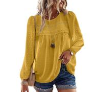 TUUHAW Camicia Donna Manica Lunga Autunno Boho Maniche Lunghe Top con Scollo Rotondo Punto Svizzero Taglie Forti Bluse Elegante T-Shirt Maglietta Casual Maglie con Bordi in Pizzo Giallo 3XL