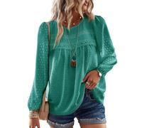 TUUHAW Camicia Donna Manica Lunga Autunno Boho Maniche Lunghe Top con Scollo Rotondo Punto Svizzero Taglie Forti Bluse Elegante T-Shirt Maglietta Casual Maglie con Bordi in Pizzo Turchese 3XL