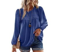 TUUHAW Camicia Donna Manica Lunga Autunno Boho Maniche Lunghe Top con Scollo Rotondo Punto Svizzero Taglie Forti Bluse Elegante T-Shirt Maglietta Casual Maglie con Bordi in Pizzo Blu Reale 3XL