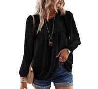 TUUHAW Camicia Donna Manica Lunga Autunno Boho Maniche Lunghe Top con Scollo Rotondo Punto Svizzero Taglie Forti Bluse Elegante T-Shirt Maglietta Casual Maglie con Bordi in Pizzo Nero 3XL