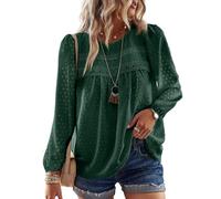 TUUHAW Camicia Donna Manica Lunga Autunno Boho Maniche Lunghe Top con Scollo Rotondo Punto Svizzero Taglie Forti Bluse Elegante T-Shirt Maglietta Casual Maglie con Bordi in Pizzo Verde Bottiglia 3XL