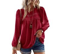 TUUHAW Camicia Donna Manica Lunga Autunno Boho Maniche Lunghe Top con Scollo Rotondo Punto Svizzero Taglie Forti Bluse Elegante T-Shirt Maglietta Casual Maglie con Bordi in Pizzo Rosso 3XL